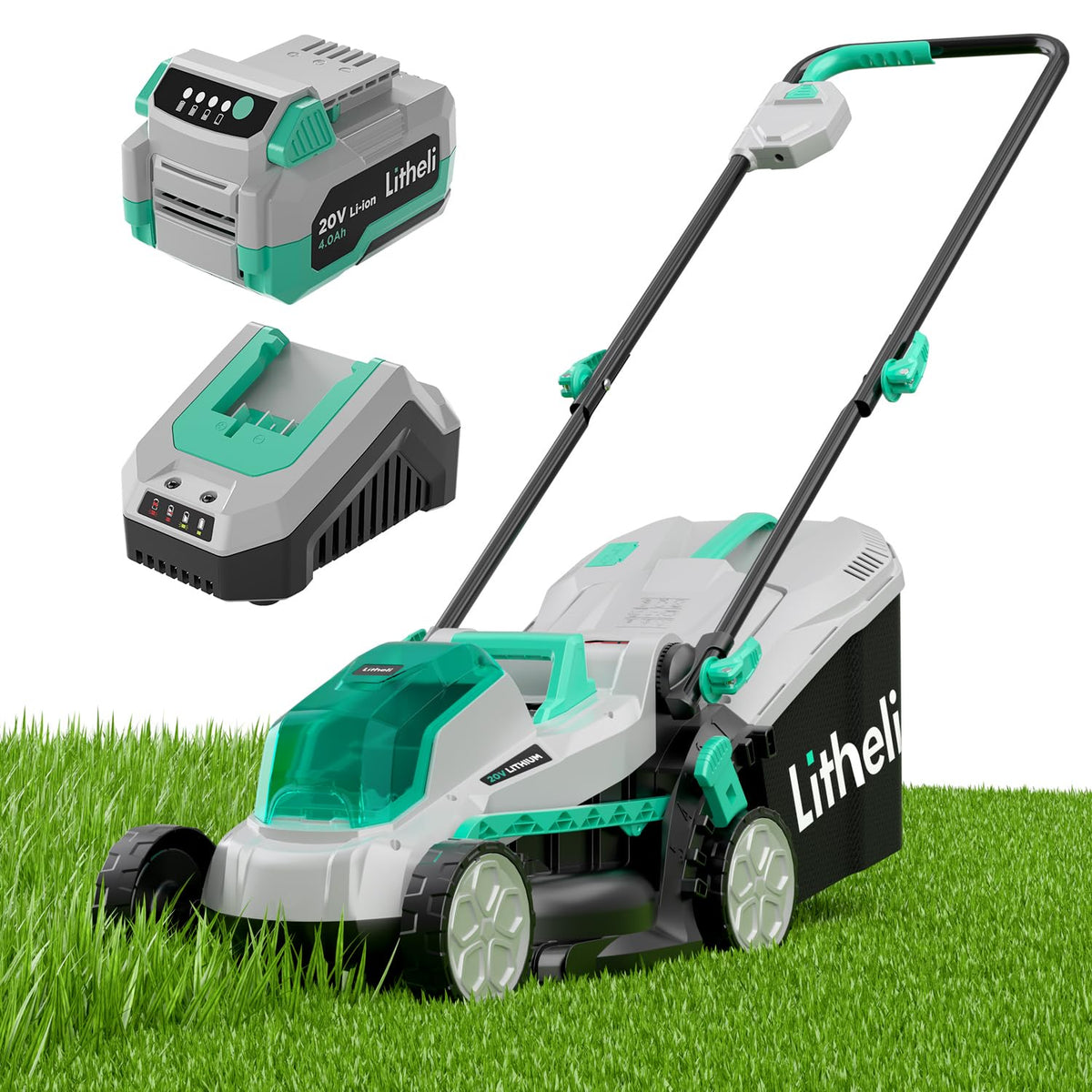13.1inch Electric Lawn Mower Cordless,Grass Cutter Machine for 1600 Sq.Ft.Lawnmower with Brushless Motor, 8 Gallon Capacity, Cutting Height from 1 to 2.5 in, Includes 1X4.0 Ah Battery