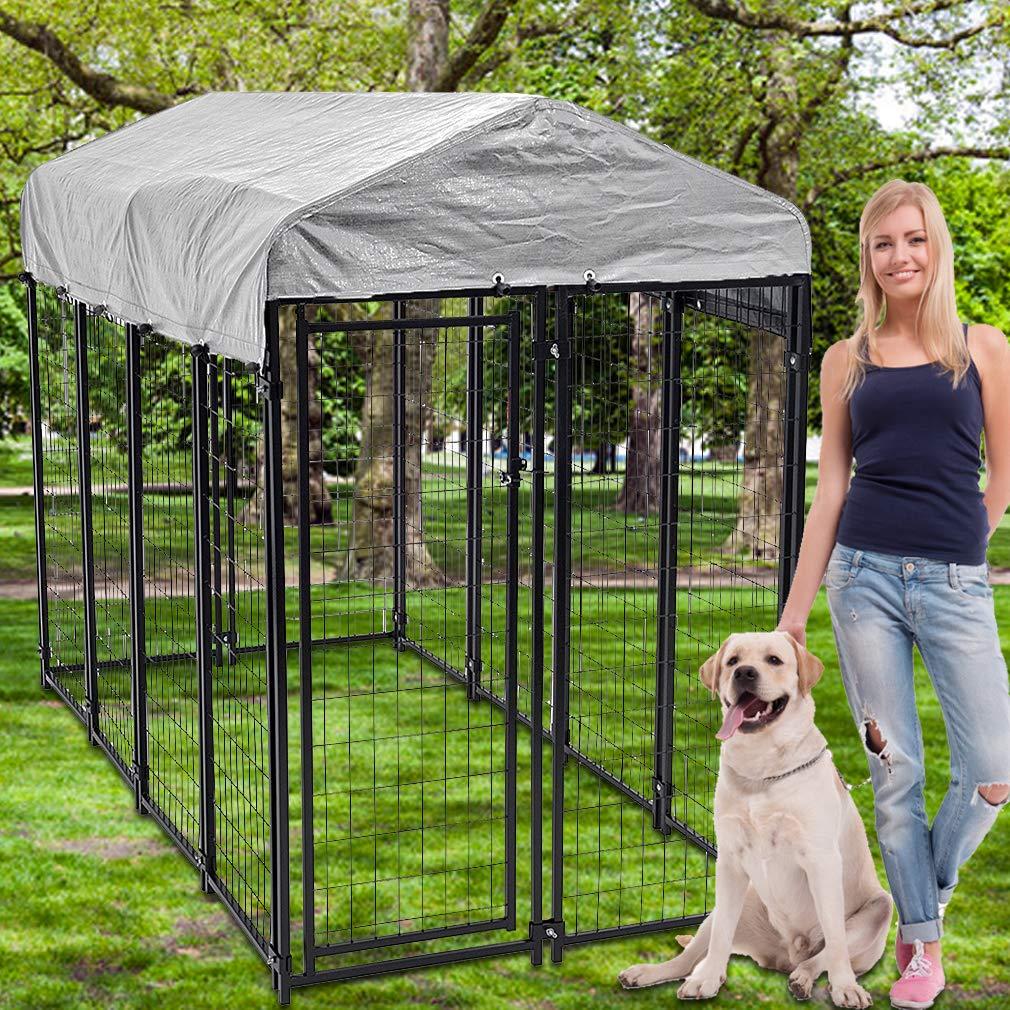 Dkeli LarDog Kennel Dog Crate Cage, Extra LarWelded Wire Pet Playpen with UV Protection Waterproof Cover and Roof Outdoor Heavy Duty Galvanized Metal Animal Pet Enclosure for Outside