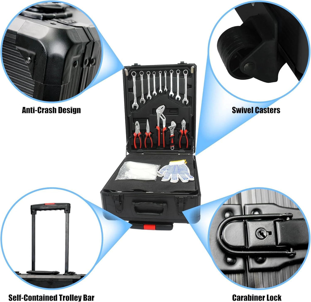 799pcs Aluminum Trolley Case Tool Set Silver, House Repair Kit Set, Household Hand Tool Set, with Tool Belt,Gift on Father's Day (Black)