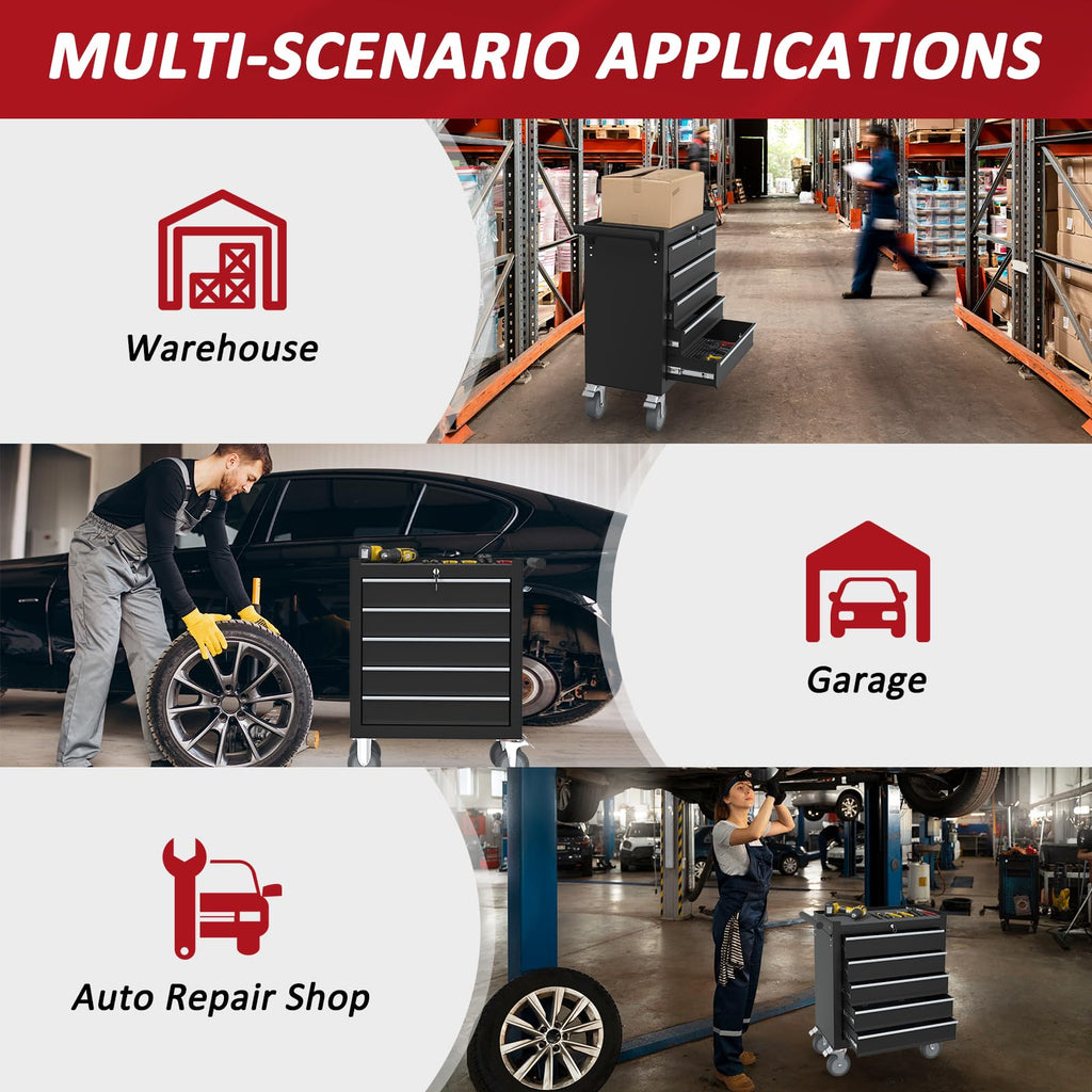 5 Drawers Rolling Tool Chest with Wheels, Portable Rolling Tool Boxes with Wheels, Tool Box StoraCabinet with LocSystem for Gara(Black, 5 Drawers)