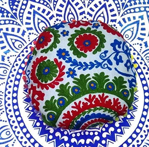 Suzani Round Cusion Cover, Suzani Cusion Cover, Embroidered Cushion Cover 16x16, Decorative Throw Pillow Case, Indian Pom Pom Outdoor Cushions, Boho Pillow Shams (50)