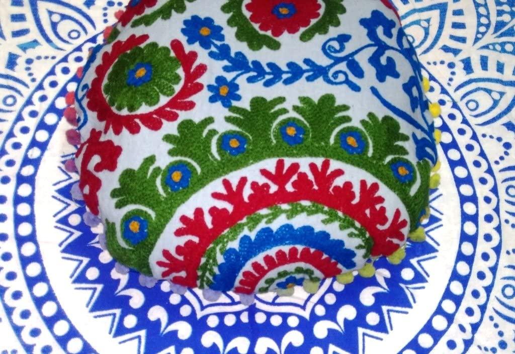 Suzani Round Cusion Cover, Suzani Cusion Cover, Embroidered Cushion Cover 16x16, Decorative Throw Pillow Case, Indian Pom Pom Outdoor Cushions, Boho Pillow Shams (50)