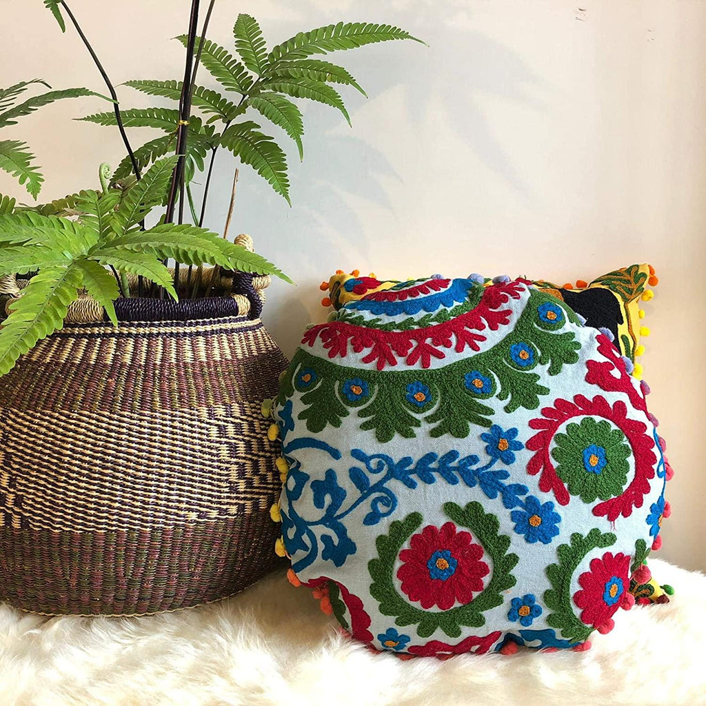 Suzani Round Cusion Cover, Suzani Cusion Cover, Embroidered Cushion Cover 16x16, Decorative Throw Pillow Case, Indian Pom Pom Outdoor Cushions, Boho Pillow Shams (50)