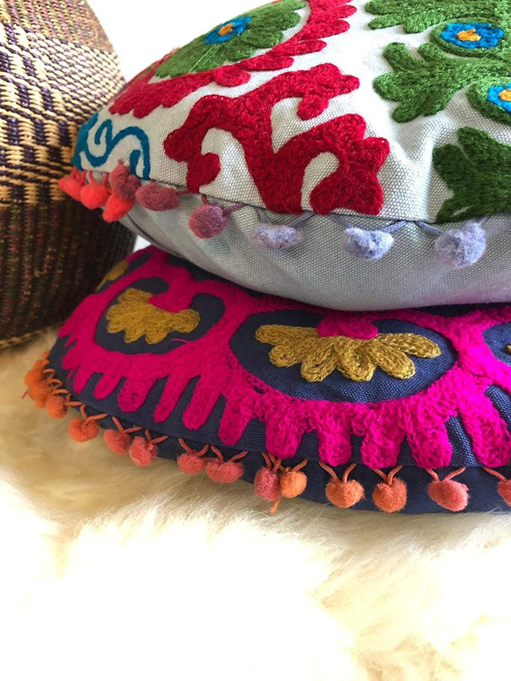 Suzani Round Cusion Cover, Suzani Cusion Cover, Embroidered Cushion Cover 16x16, Decorative Throw Pillow Case, Indian Pom Pom Outdoor Cushions, Boho Pillow Shams (50)