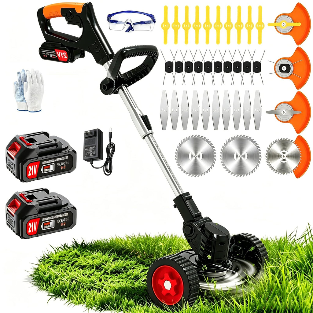 21V Electric Weed Wacker Battery Powered Cordless Weed Eater, String Trimmer with 2 Battery Operated&amp;Wheels&amp;Metal Blades, Lightweight 4 in 1 Grass Trimmer/Brush Cutter/Lawn Edger/Mower for Garden Yard