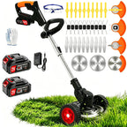 21V Electric Weed Wacker Battery Powered Cordless Weed Eater, String Trimmer with 2 Battery Operated&amp;Wheels&amp;Metal Blades, Lightweight 4 in 1 Grass Trimmer/Brush Cutter/Lawn Edger/Mower for Garden Yard