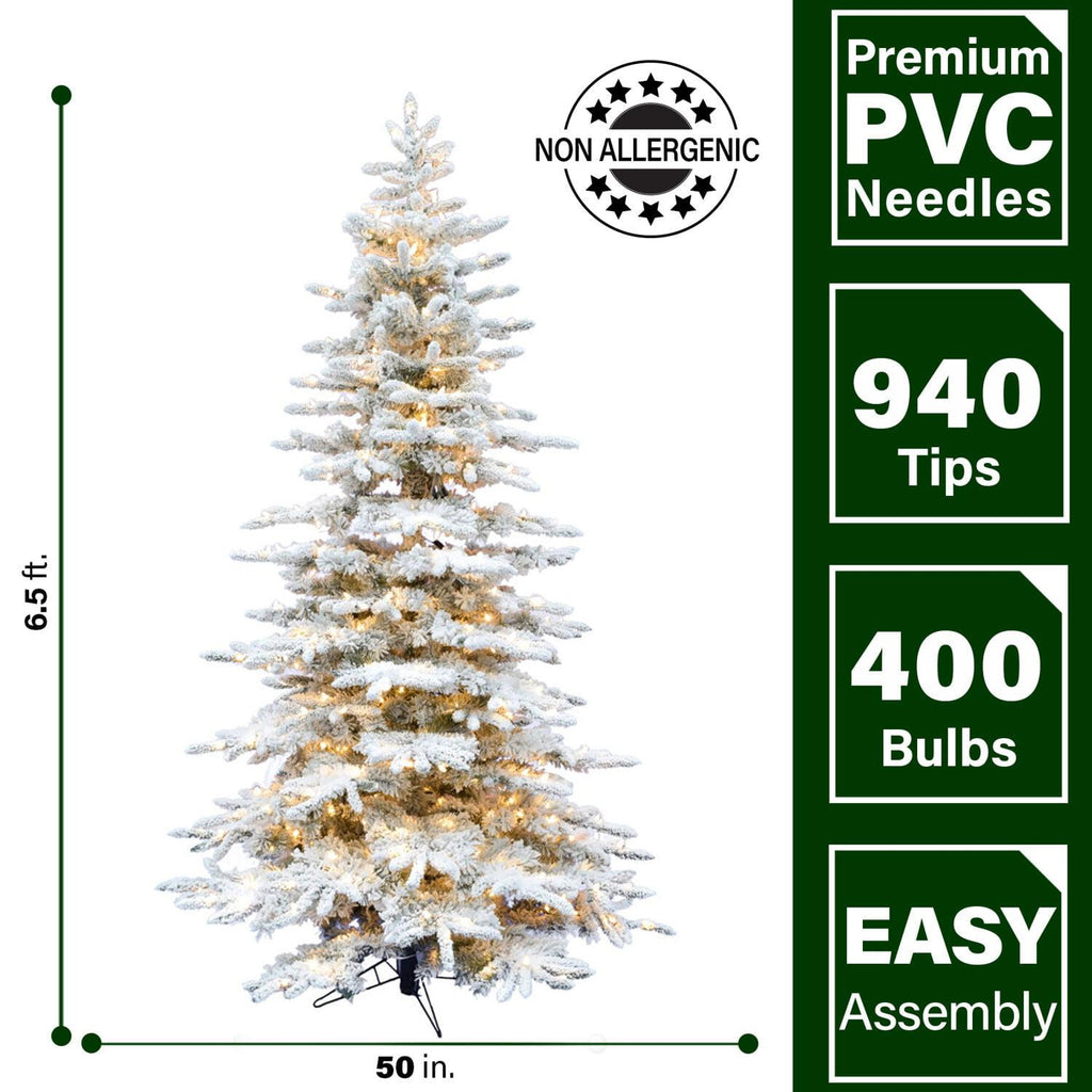 Fraser Hill Farm Valley Flocked Clear Prelit LED White Pine Artificial Christmas Tree, 6.5'
