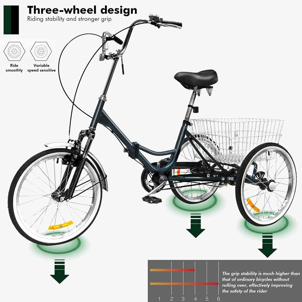 Adult Tricycles 20 inch 3 Wheel Bikes for Adults Folding 3-Wheel Cruiser Bicycles for Women/Men,Adult Trikes with Shopping Basket for Recreation, Shopping, Picnics,Exercise