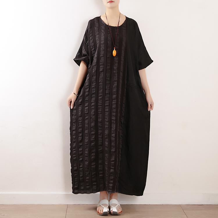 Women Stripes Cotton Linen Casual Loose Maxi Dress