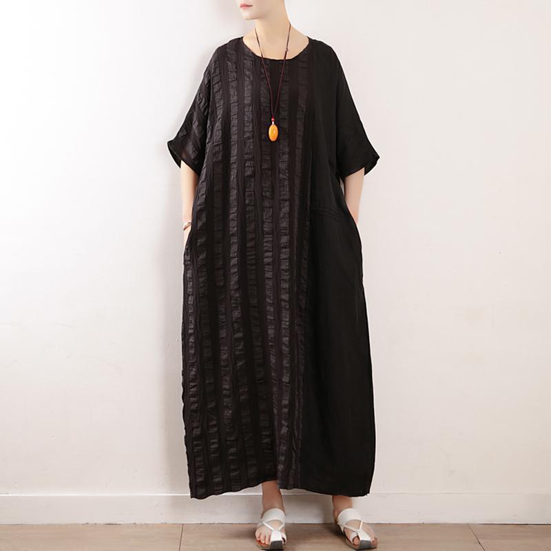 Women Stripes Cotton Linen Casual Loose Maxi Dress