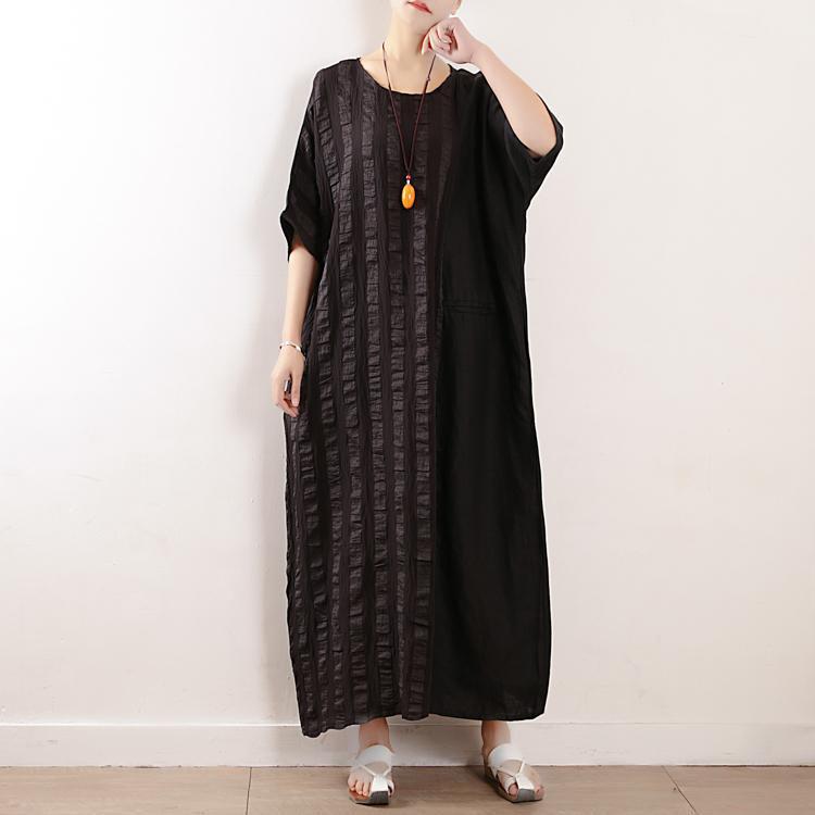 Women Stripes Cotton Linen Casual Loose Maxi Dress