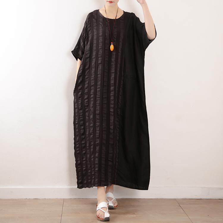 Women Stripes Cotton Linen Casual Loose Maxi Dress