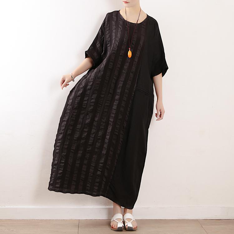 Women Stripes Cotton Linen Casual Loose Maxi Dress