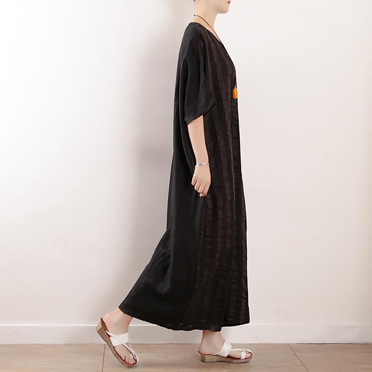 Women Stripes Cotton Linen Casual Loose Maxi Dress