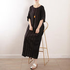Women Stripes Cotton Linen Casual Loose Maxi Dress