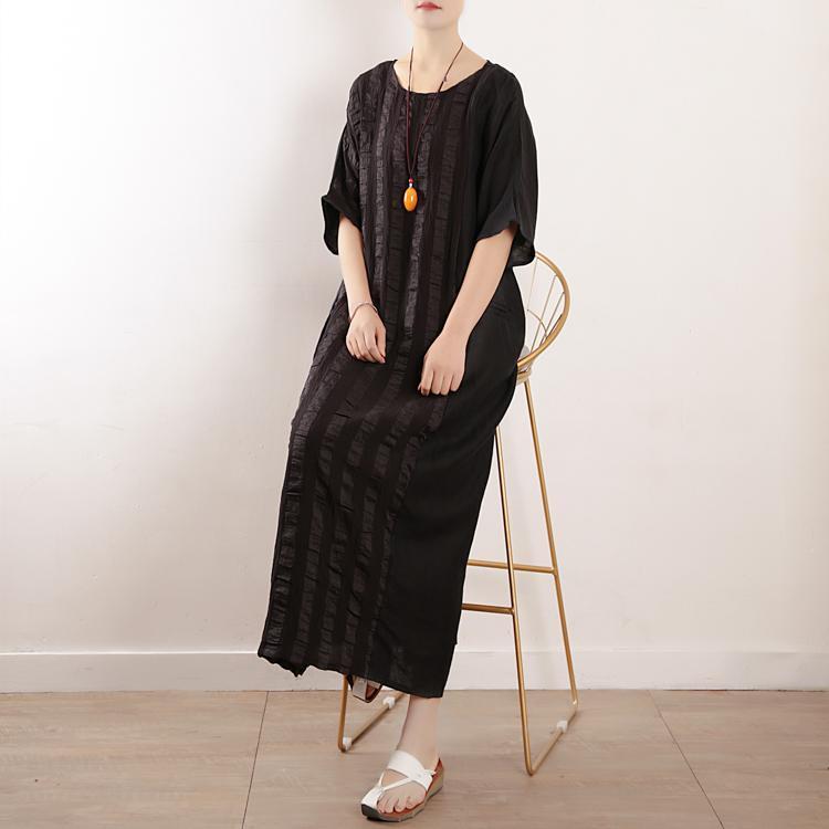Women Stripes Cotton Linen Casual Loose Maxi Dress