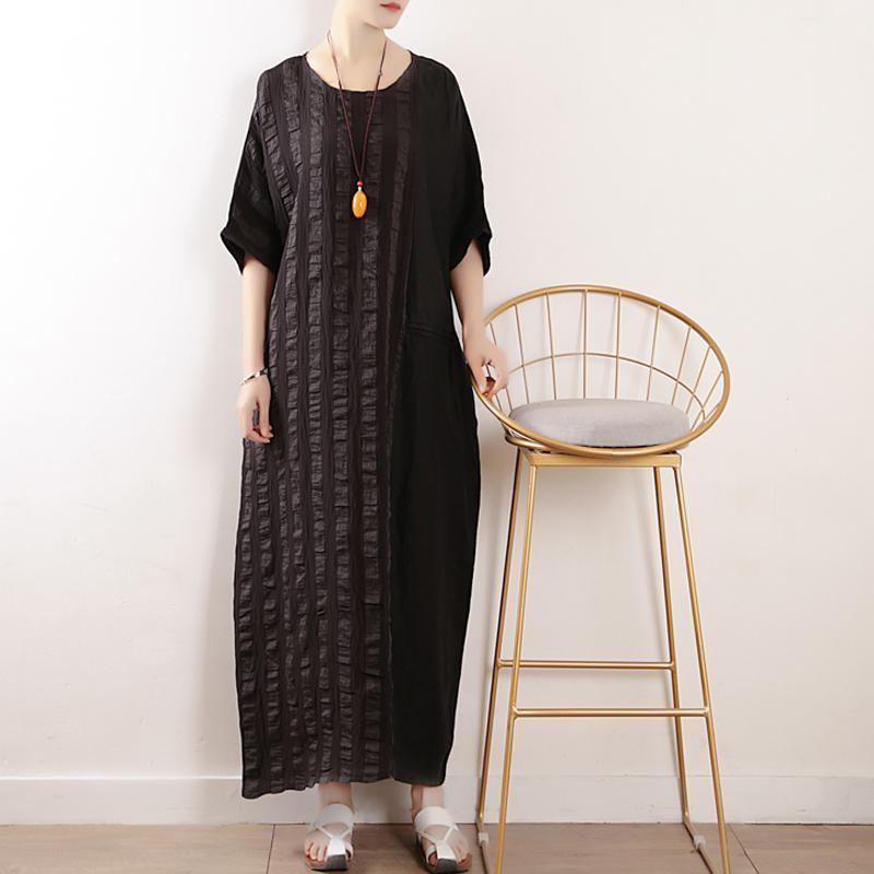 Women Stripes Cotton Linen Casual Loose Maxi Dress