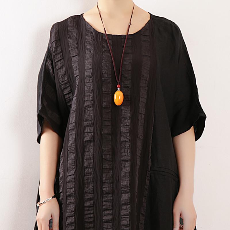 Women Stripes Cotton Linen Casual Loose Maxi Dress