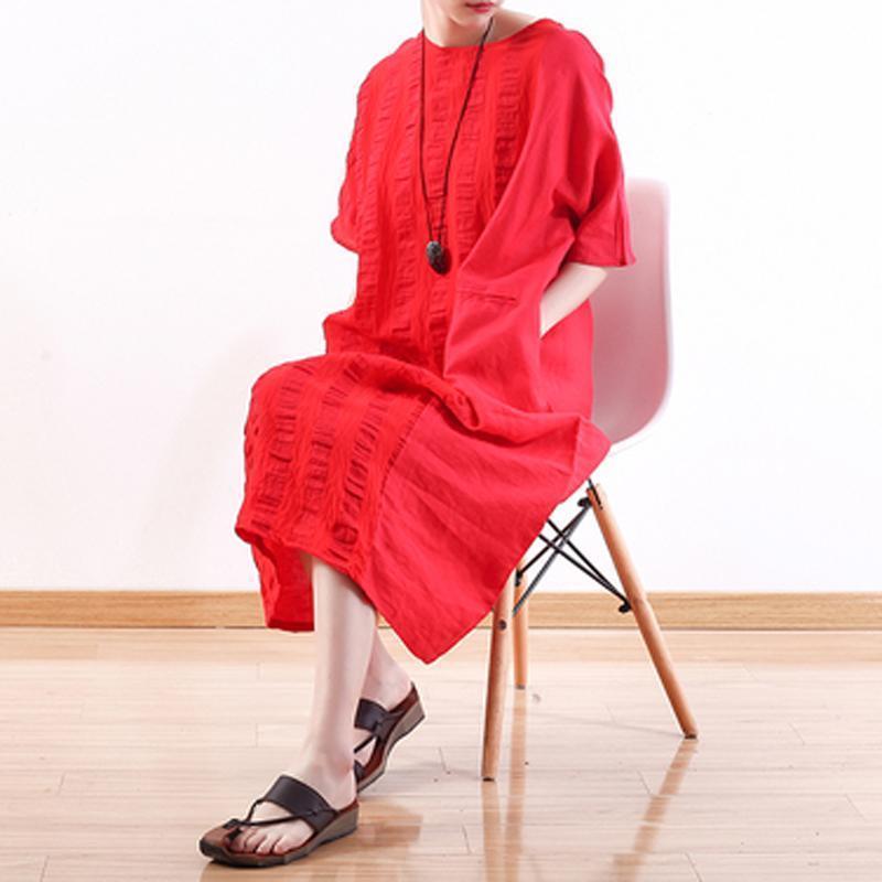 Women Stripes Cotton Linen Casual Loose Maxi Dress