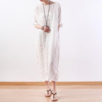 Women Stripes Cotton Linen Casual Loose Maxi Dress