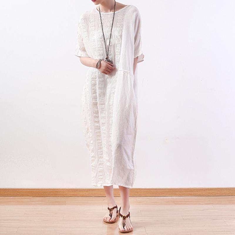 Women Stripes Cotton Linen Casual Loose Maxi Dress
