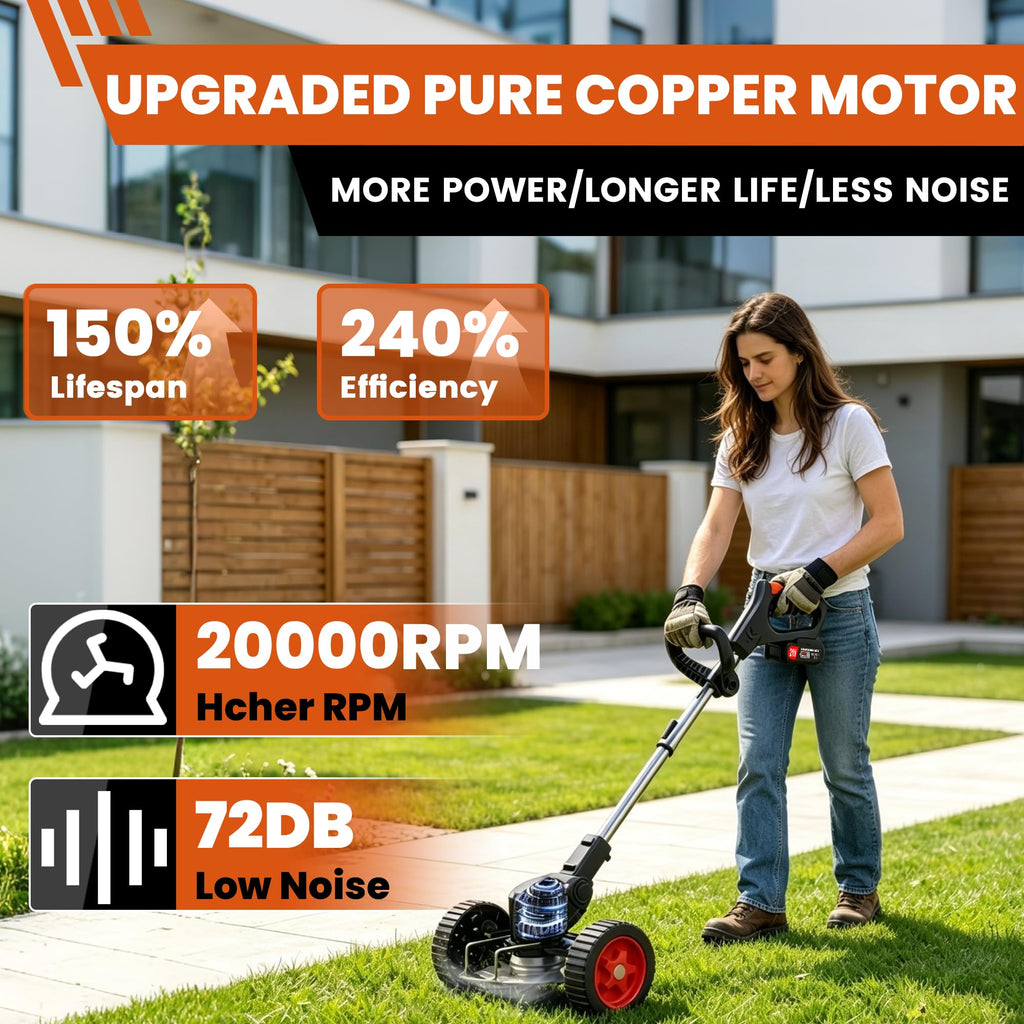 21V Electric Weed Wacker Battery Powered Cordless Weed Eater, String Trimmer with 2 Battery Operated&amp;Wheels&amp;Metal Blades, Lightweight 4 in 1 Grass Trimmer/Brush Cutter/Lawn Edger/Mower for Garden Yard