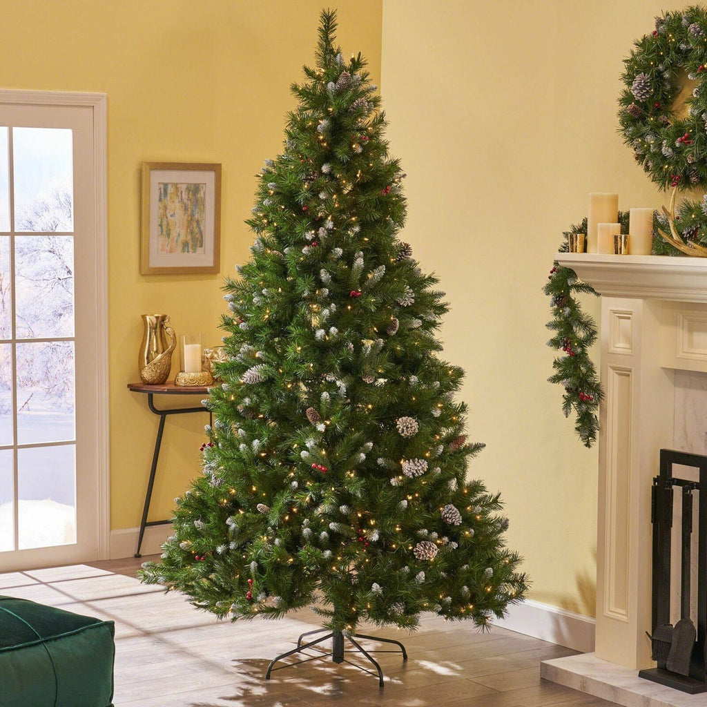 9-foot Mixed Spruce Hinged Artificial Christmas Tree with Frosted Branches, Red
