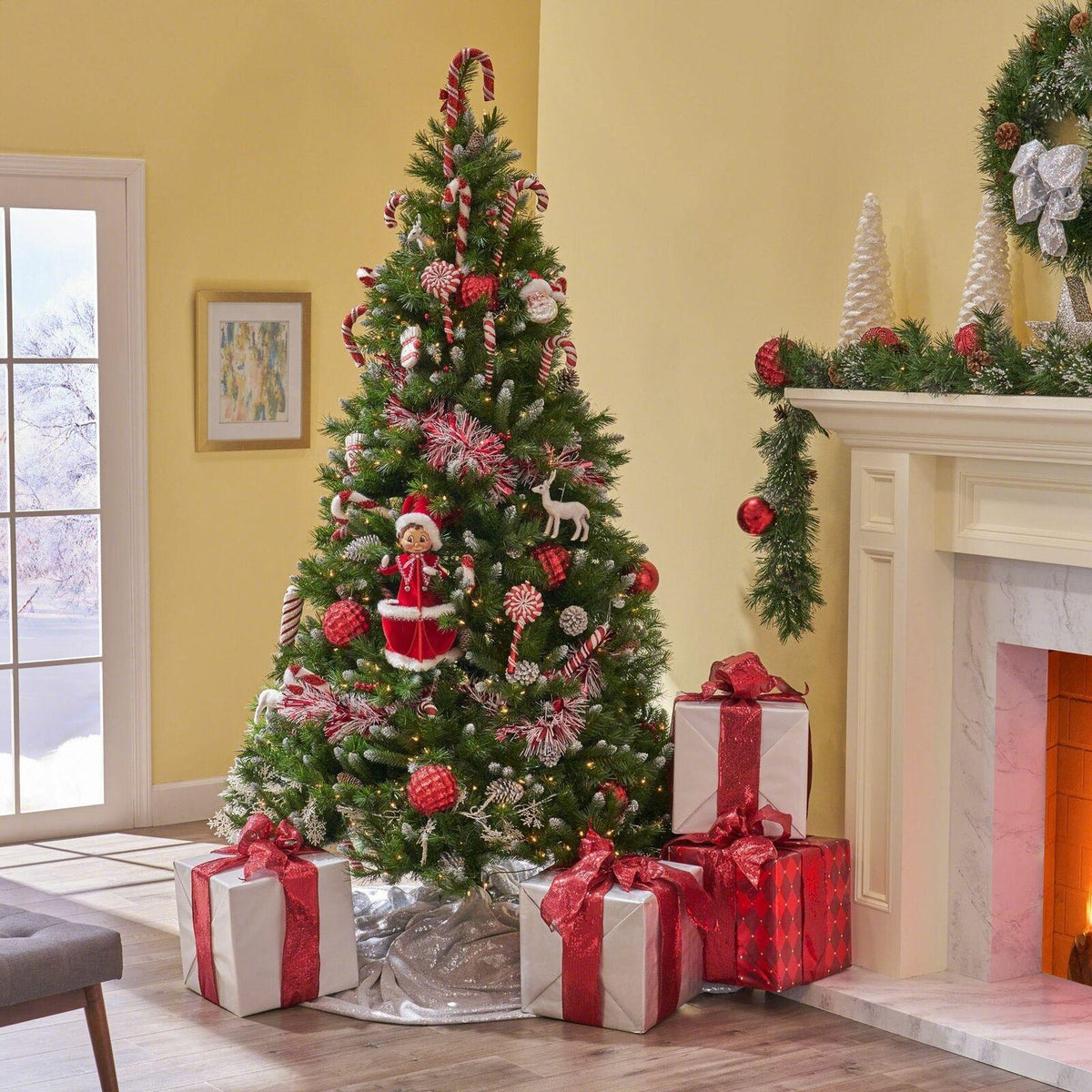 9-foot Mixed Spruce Hinged Artificial Christmas Tree with Frosted Branches, Red