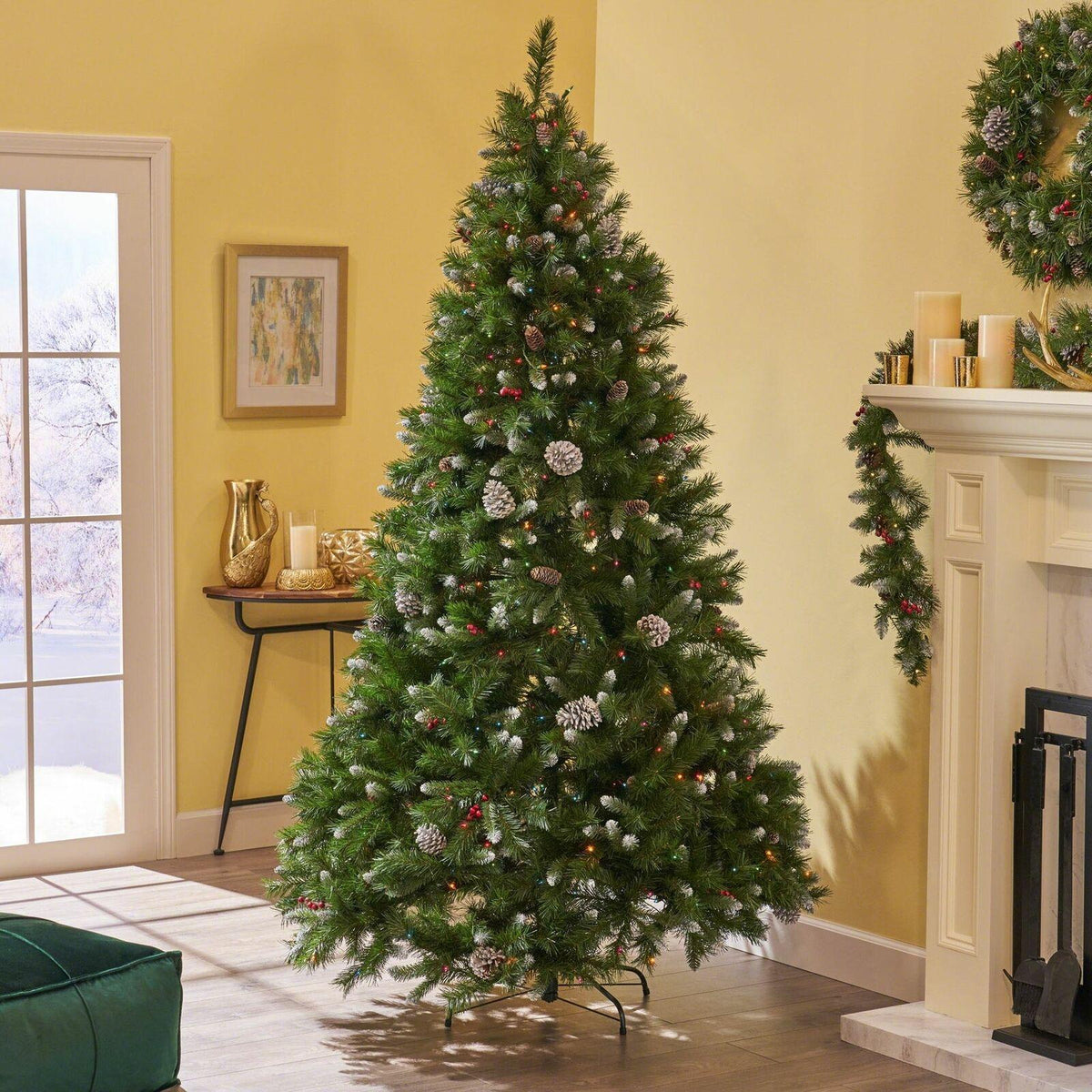 9-foot Mixed Spruce Hinged Artificial Christmas Tree with Frosted Branches, Red