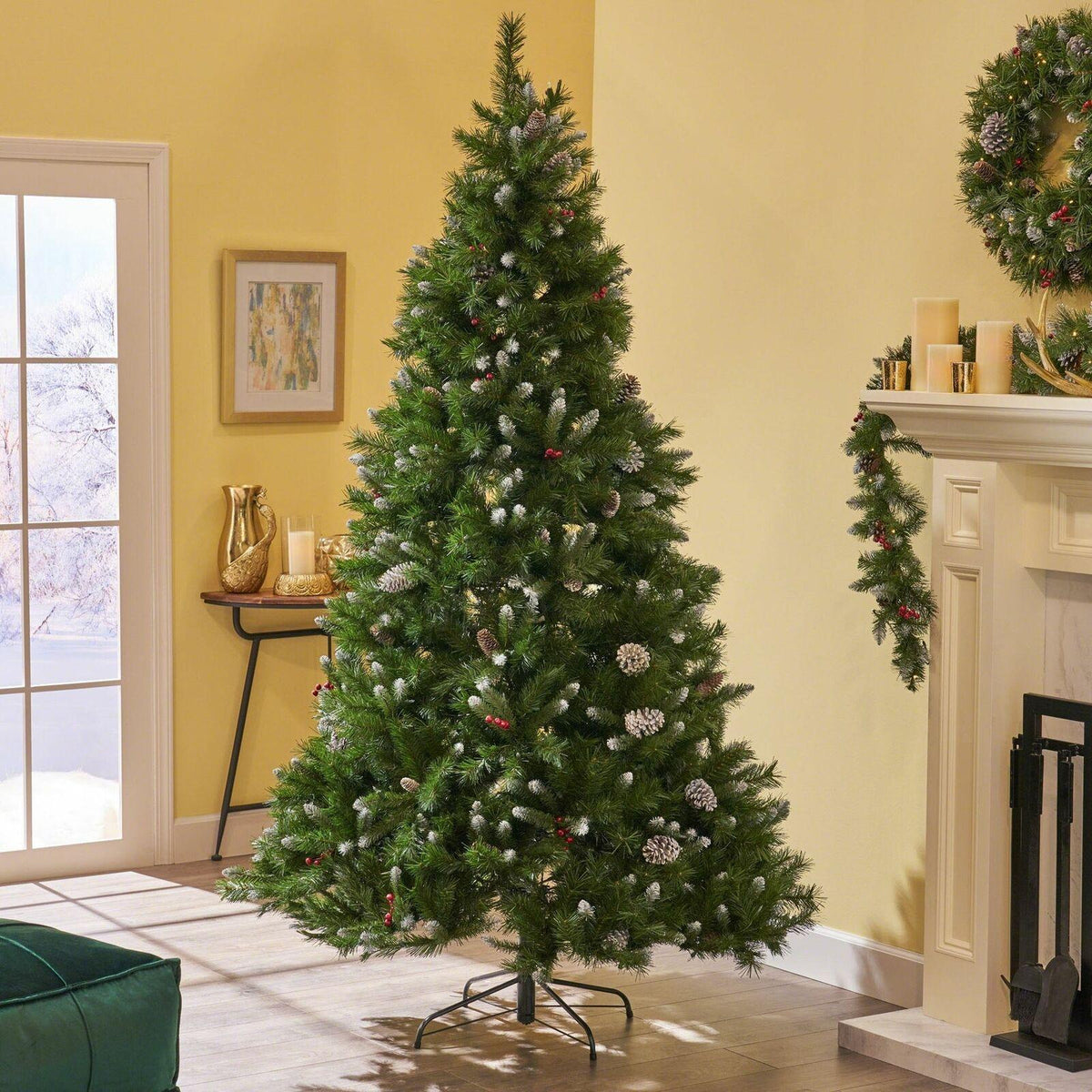 9-foot Mixed Spruce Hinged Artificial Christmas Tree with Frosted Branches, Red