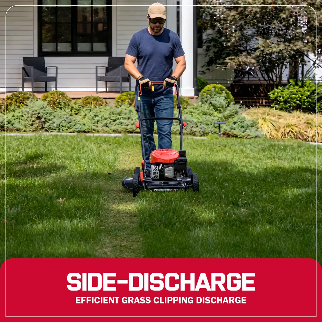 EasyCut 18-Inch Gas Lawn Mower, 144cc OHV Engine, Steel Deck, Side Discharge, 5-Position Dual-Lever Height Adjustment, Push Mower for Small Yards