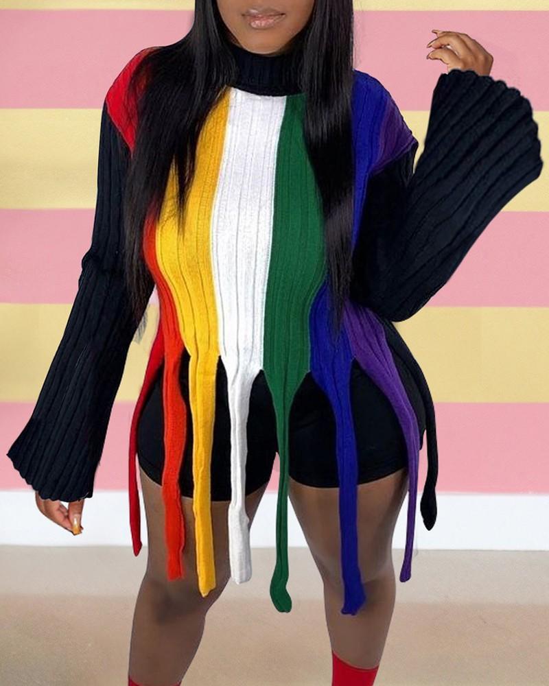 striped colorblock tassel design long sleeve sweater