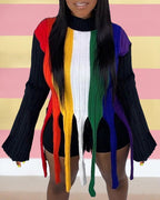 striped colorblock tassel design long sleeve sweater