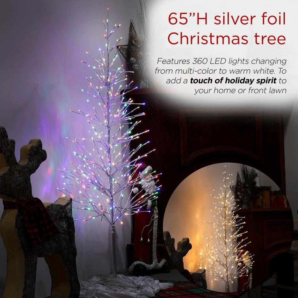 65 in. H Indoor/Outdoor Pre-Lit Silver Foil Christmas Tree with Yard Stake and 360 LED Lights