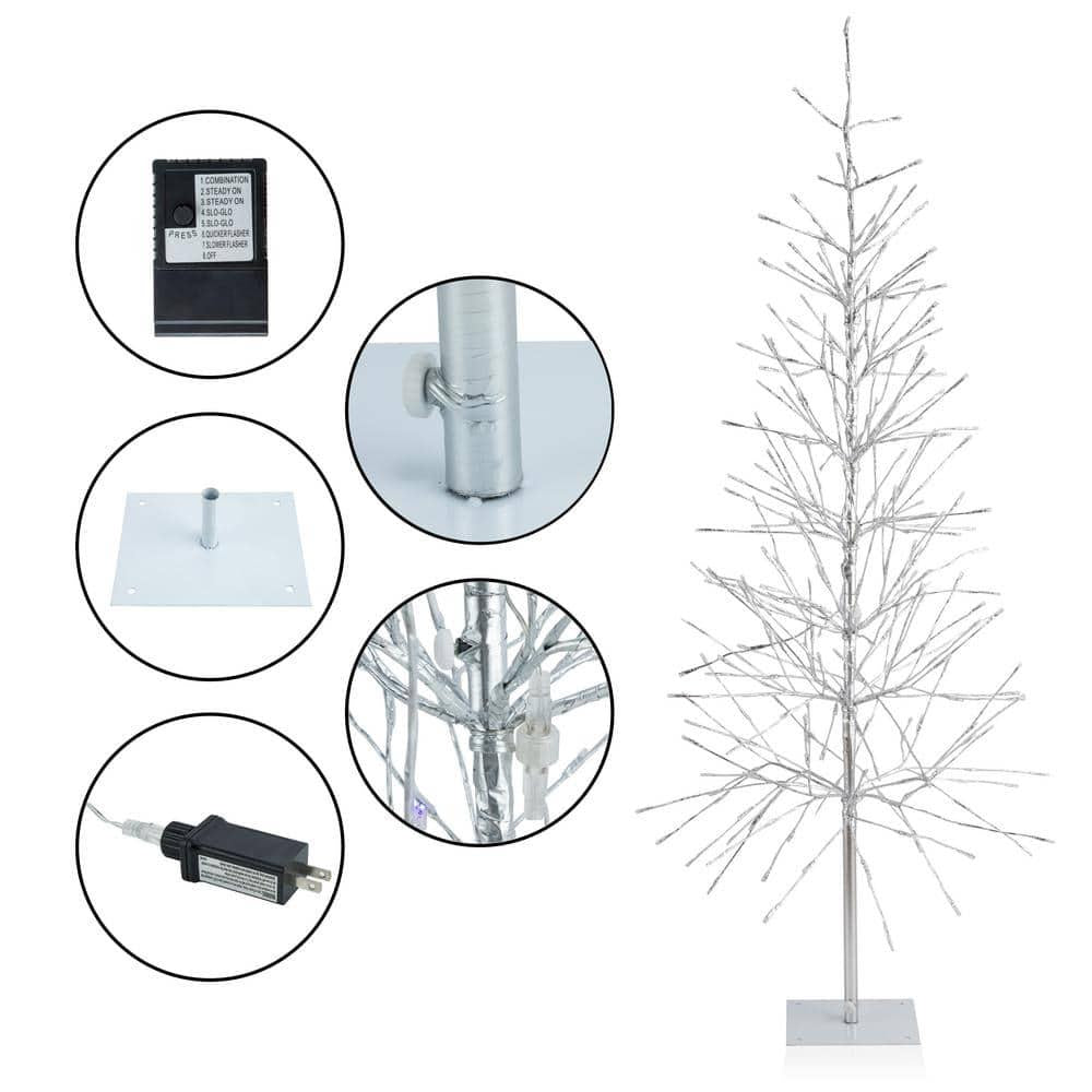 65 in. H Indoor/Outdoor Pre-Lit Silver Foil Christmas Tree with Yard Stake and 360 LED Lights