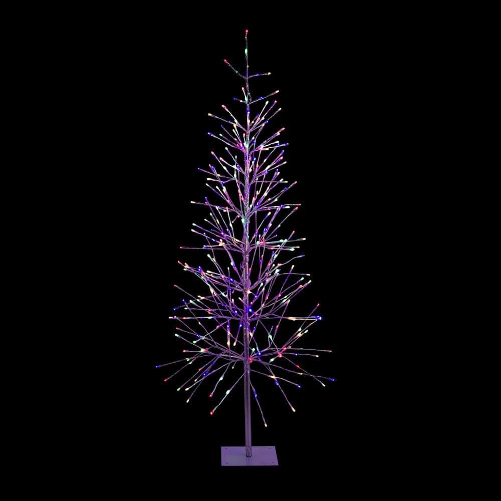 65 in. H Indoor/Outdoor Pre-Lit Silver Foil Christmas Tree with Yard Stake and 360 LED Lights