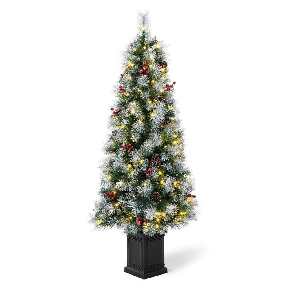 5 ft. Pre-Lit Pine Artificial Christmas Porch Tree with 150 Warm White Lights, Pine Cones and Red Berries