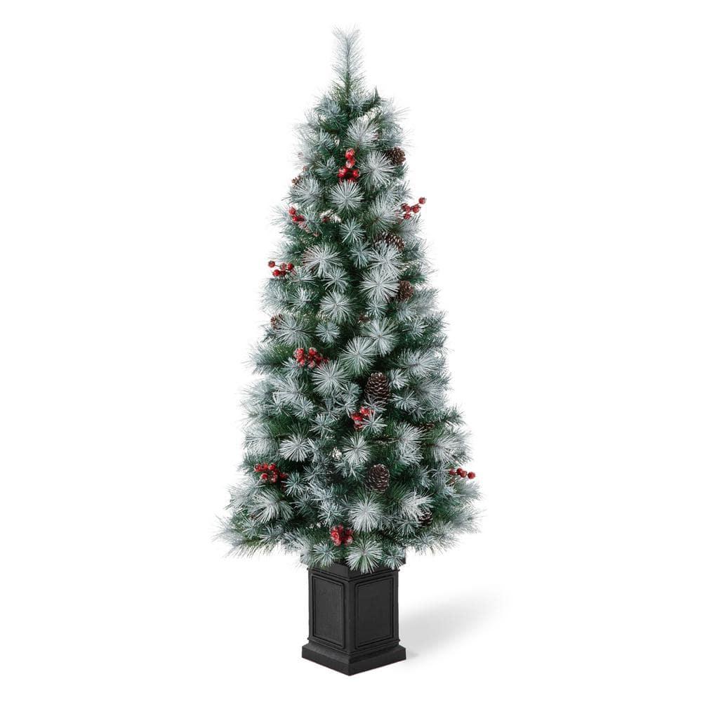 5 ft. Pre-Lit Pine Artificial Christmas Porch Tree with 150 Warm White Lights, Pine Cones and Red Berries