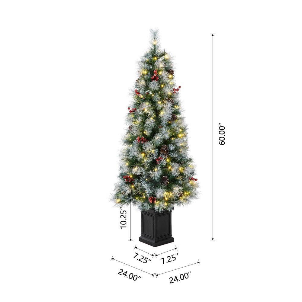 5 ft. Pre-Lit Pine Artificial Christmas Porch Tree with 150 Warm White Lights, Pine Cones and Red Berries