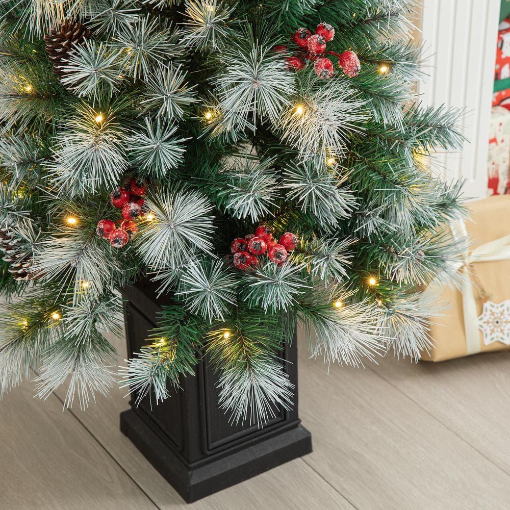 5 ft. Pre-Lit Pine Artificial Christmas Porch Tree with 150 Warm White Lights, Pine Cones and Red Berries