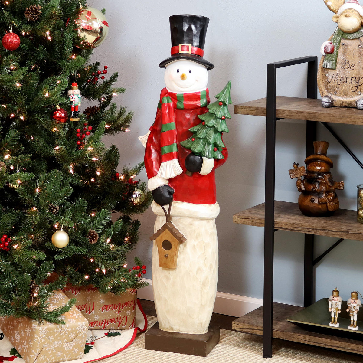 Sunnydaze Snowman in Sweater with Christmas Tree Indoor and Outdoor Decorative Holiday Statue, 46"