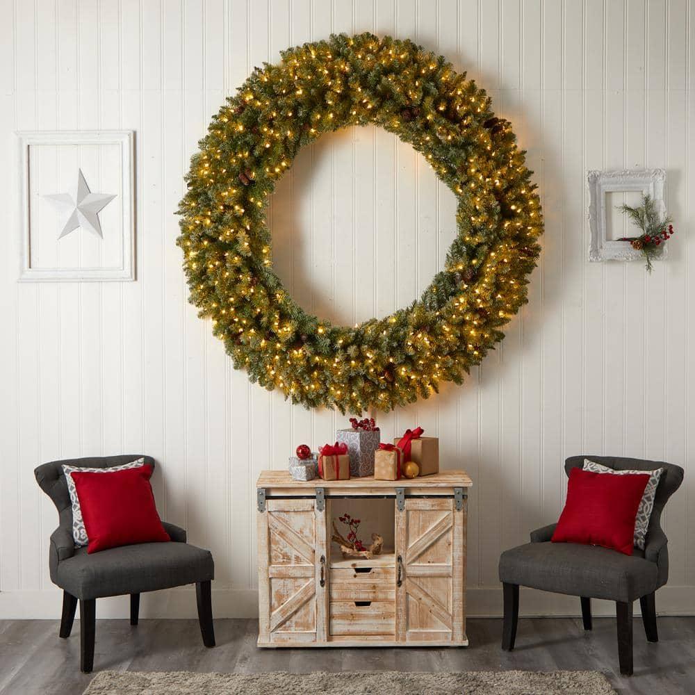 72 in. Prelit LED Giant Flocked Artificial Christmas Wreath with Pinecones, 400 Clear LED Lights