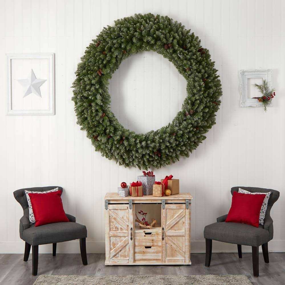 72 in. Prelit LED Giant Flocked Artificial Christmas Wreath with Pinecones, 400 Clear LED Lights