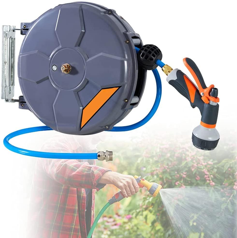 HIMAPETTR Reinforced Garden Hose Reel with Adjustable Spray Nozzle, 10m Retractable Auto Rewind Air Hose, Auto Rewind, 180 Degrees Swiveling, for Garden Lawn Watering