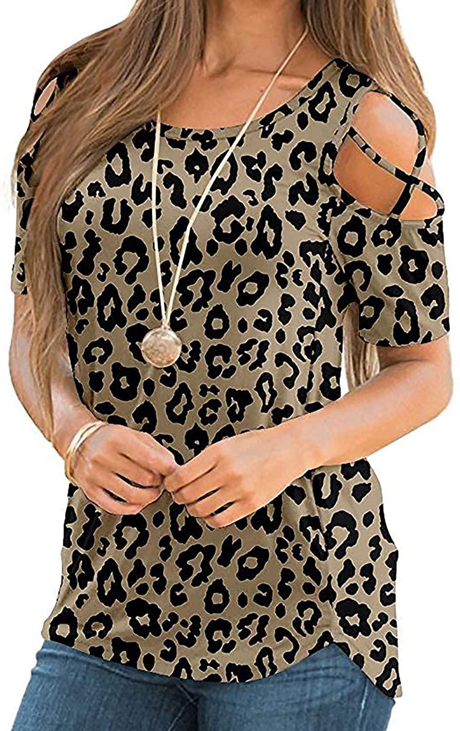 Womens Tops Womens Strappy Cold Shoulder Tops Casual Tees Loose Basic T Shirts