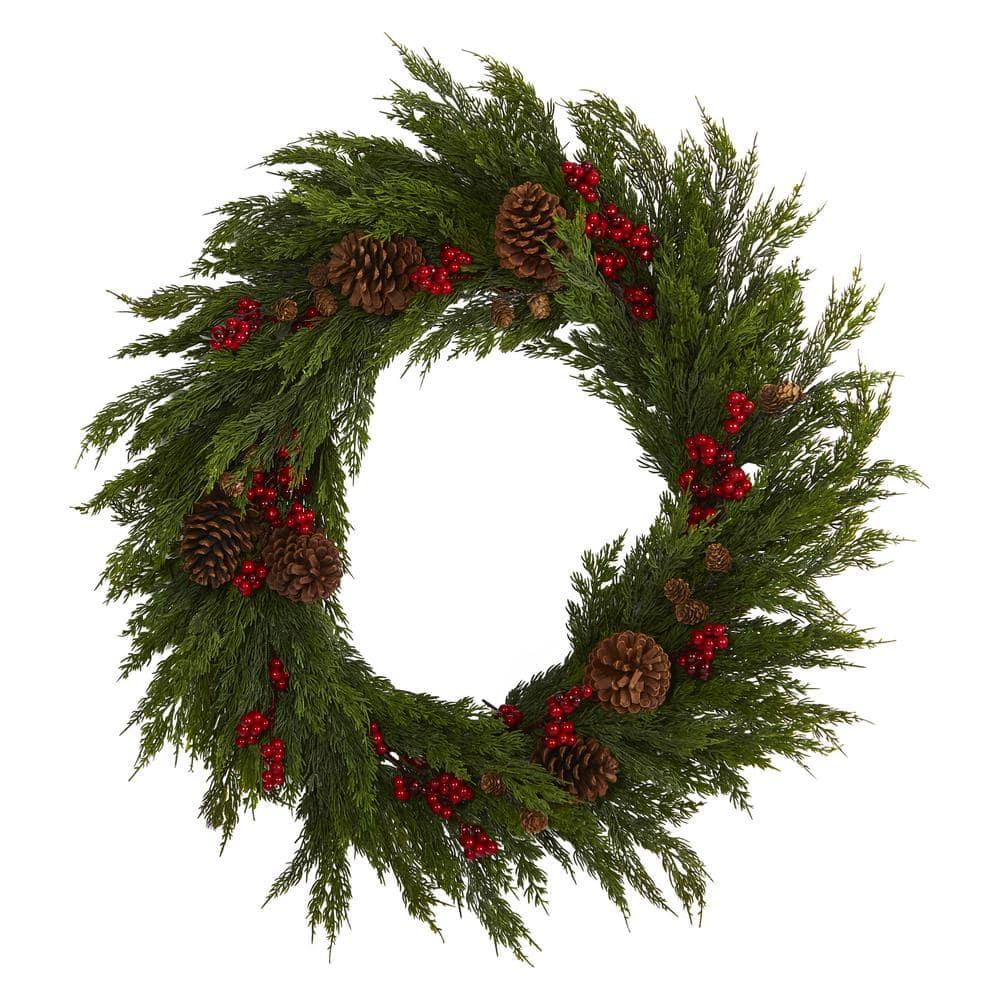 32 in. Cypress with Berries and Pine Cones Artificial Wreath