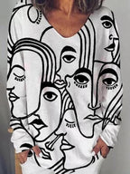 Long sleeve abstract loose print T-shirt