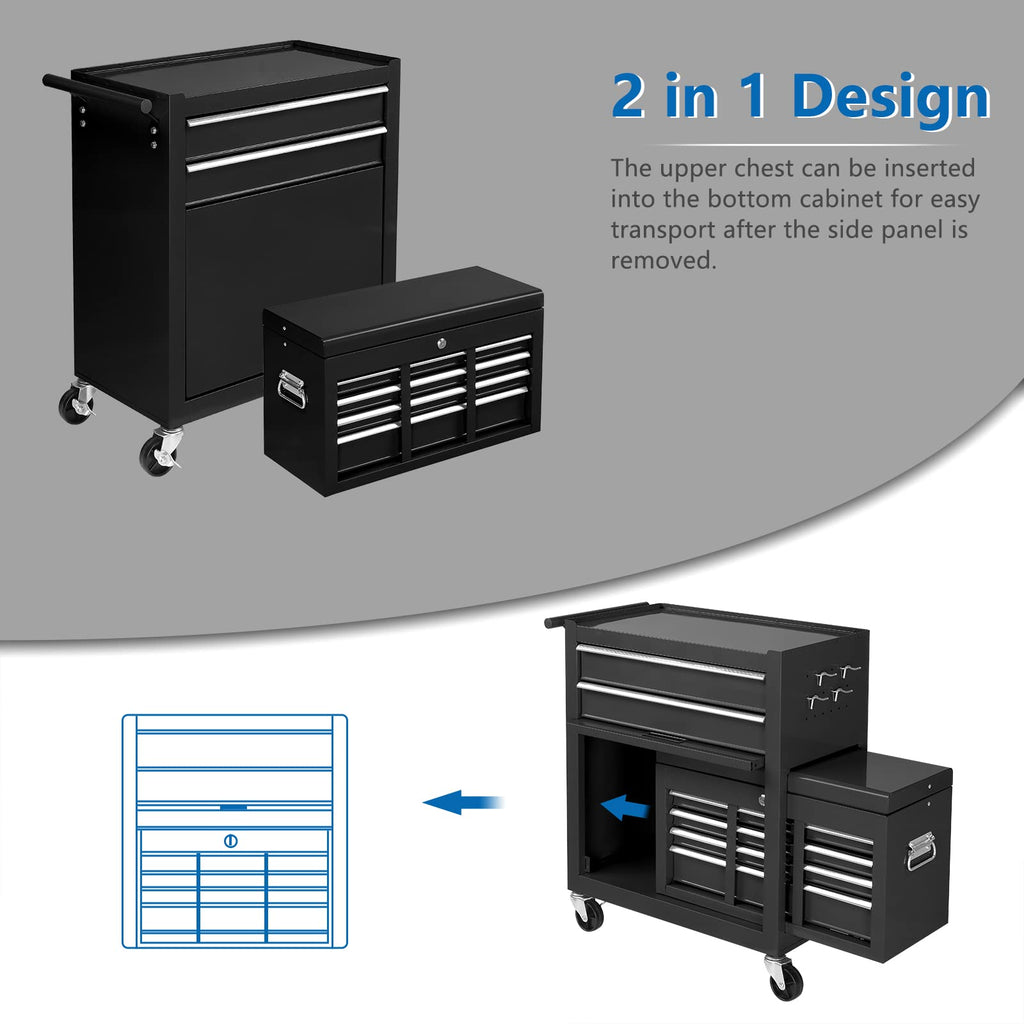 8-Drawer Rolling Tool Chest w/Lock, Tool StoraCabinet w/Wheels, Detachable Top, Drawers & Drawer Liners, Tool Organizer Box for Garage, Warehouse & Repair Shop