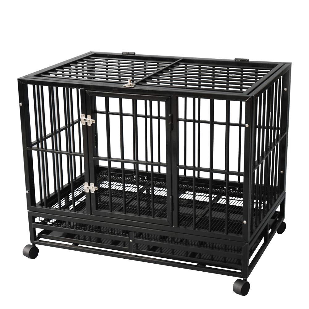 DodreHome Heavy Duty Dog CaCrate for LarDogs,Strong Metal Kennel with Four Wheels and One Tray,37-Inch Black Color