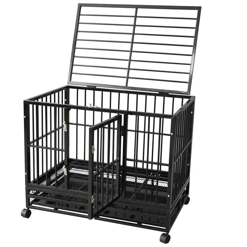 DodreHome Heavy Duty Dog CaCrate for LarDogs,Strong Metal Kennel with Four Wheels and One Tray,37-Inch Black Color